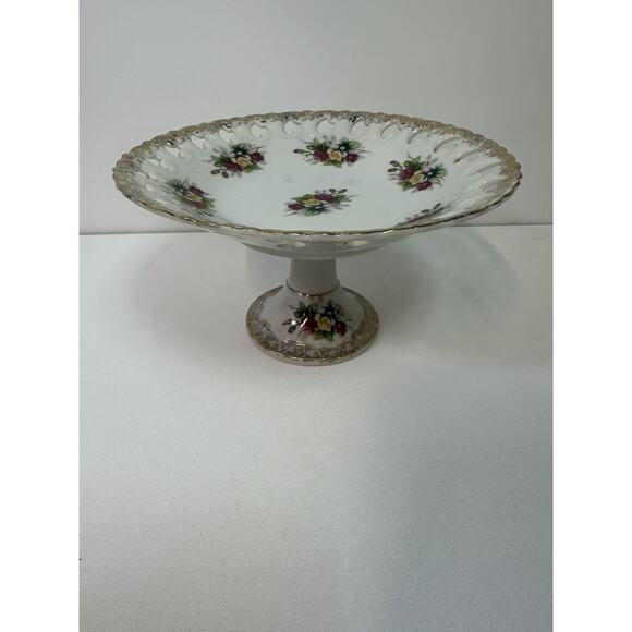VTG Japan Ucagco Pedestal Flower Plate Gold Trim Cottagecore Wedding Baby Shower - Picture 1 of 9